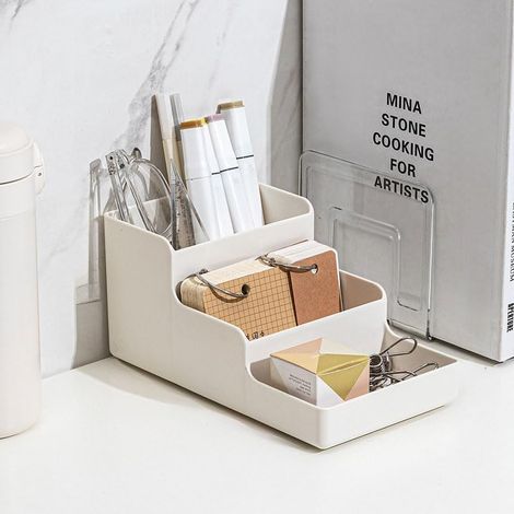 Pot à crayons multifonction pour bureau, organiseurs de bureau et rangement avec 4 compartiments, organiseur de bureau pour fournitures d'art de bureau et de maison (blanc) (1/5)
