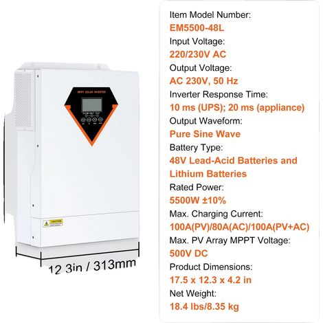 Inversor solar híbrido, potencia nominal de 5500 W, controlador de carga MPPT integrado, 5500 W (1/2)