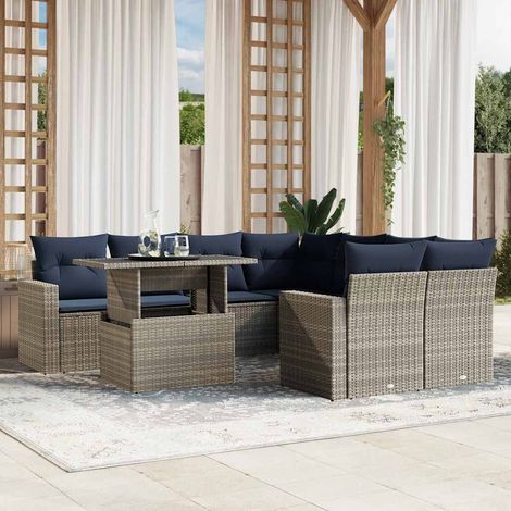 9-teiliges Gartensofa-Set mit Kissen, grau, Polyrattan (1/5)