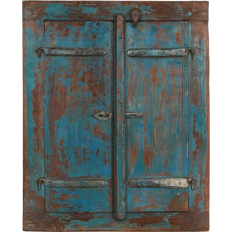 Solid wood and old medieval iron window grille with interior or exterior frame (1/5)