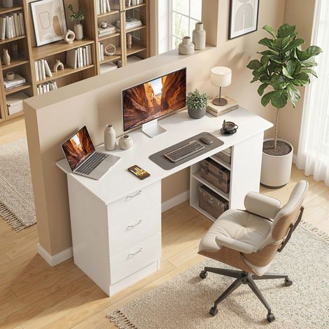 Computertisch mit 3 Schubladen und 3 Ablagen, Holzschreibtisch für Schlafzimmer und Büro, 120 x 49 x 72 cm, Weiß