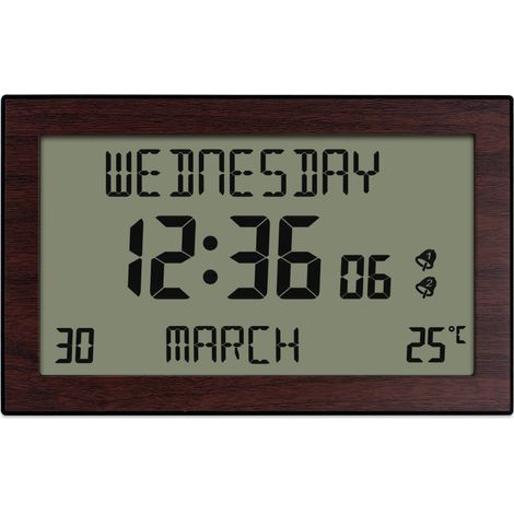 HORLOGE CALENDRIER : DATE, JOUR DE LA SEMAINE, HEURE + TEMPERATURE - GRANDS CARACTÈRES - Télécommande - 2 alarmes - Effet bois - 24cm 16cm cm (1/2)