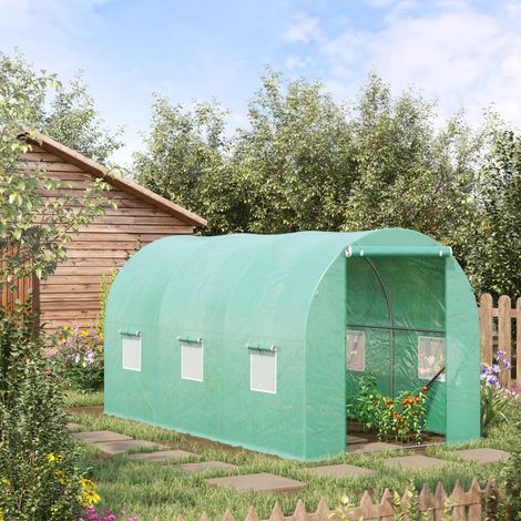 Serre tunnel de jardin 395 x 195 x 190 cm pour tomates et semis, avec 6 fenêtres moustiquaires, porte enroulable et bâche transparente résistante - CHICFURN (1/5)