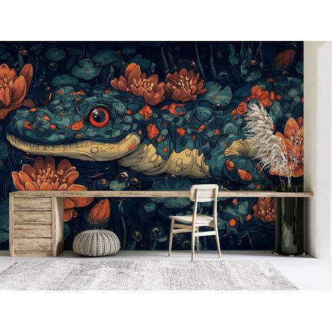 Papier peint animaux - crocodile caché parmi les lotus orange - 150 x 250 cm (1/2)
