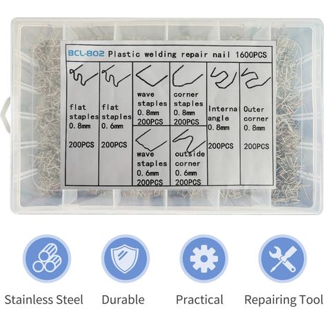 Adatto per kit di 1600 chiodi termofusibili per la riparazione di plastiche automobilistiche, con scatola di stoccaggio, realizzato in acciaio inossidabile.