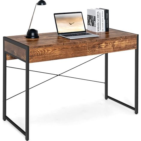 COSTWAY Schreibtisch Computertisch mit 2 Schubladen, Kleiner Bürotisch PC Tisch, Arbeitstisch Officetisch 112 x 48 x 76 cm Rustikales Braun