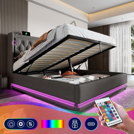 Lit double 180x200 coton gris, coffre hydraulique, tête de lit rembourrée avec USB-C et LEDs 3 côtés (Sans matelas) (1/5)