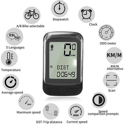 Compteur kilométrique sans fil pour vélo de route et VTT, interface multifonctionnelle, grand écran, étanche, compatible avec cinq langues (1/5)