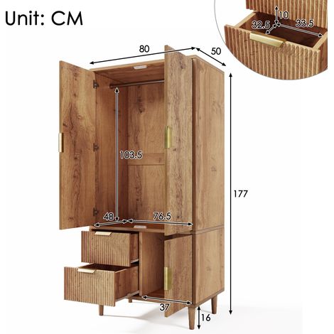 Armario con aspecto de roble, armario de dormitorio fabricado en material a base de madera con ranuras 3D, 3 puertas y 2 cajones, armario con barra para colgar ropa y tiradores dorados, 80x50x177cm (1/5)
