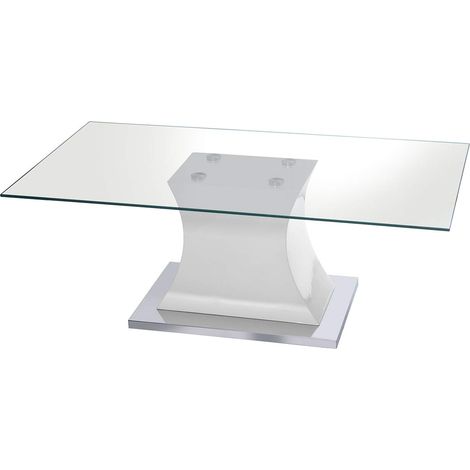 Table Basse en Verre, Bois et métal en Transparent, Blanc et chromé, 120 x 60 x 45 cm