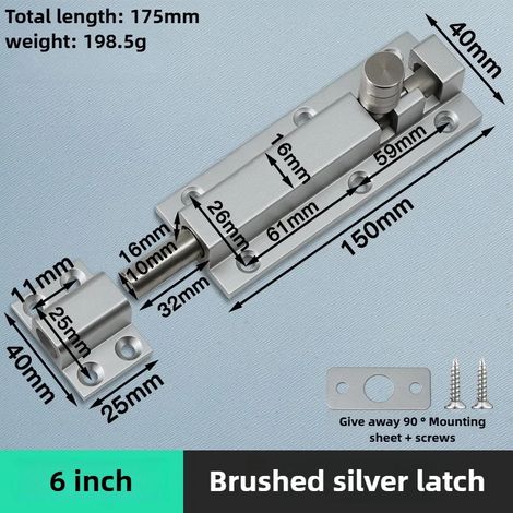 (Argent - 15 cm) Verrou de sécurité de porte en alliage d'aluminium, loquet de fenêtre robuste et épais, pêne dormant pour portail coulissant, quincaillerie pour la maison (1/5)