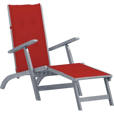 Chaise longue d'extérieur repose-pied et coussin Acacia solide