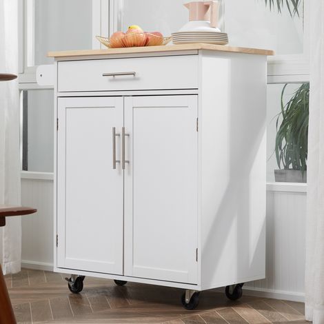 Carrito de cocina con ruedas, carrito de servicio, isla de cocina con cajón y toallero - blanco