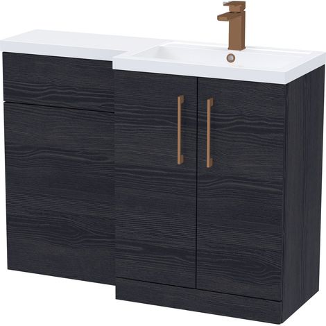 Balterley Right-Hand Bathroom Vanity and WC Unit Combination with Basin - 1100mm - Woodgrain Black with Brushed Bronze Handles