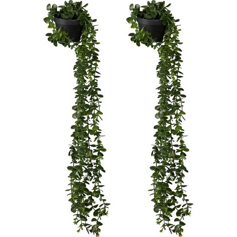 Relaxdays Piante Finte Pendenti, Set da 2 Piantine Artificiali in Plastica, Vasi Sospesi Interni, Fake Plant, Verde Nero