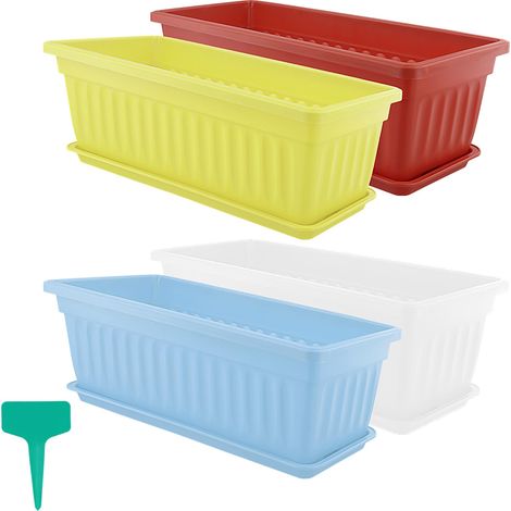 Lot de 4 Pots de Fleurs rectangulaires 43 cm avec Soucoupe - Jardinière Extérieur Grande Taille en Plastique - pour Jardin, Balcon, Terrasse (1/5)