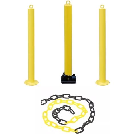 Kit 3 grands poteaux jaune/noir 900-76-Y fixes/rabattable avec oeillets & 8 mètres de chaine plastique (1/5)