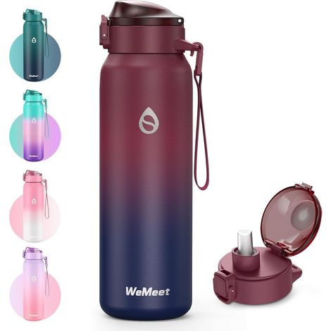 WEMEET Trinkflasche Edelstahl Abnehmbarer Strohhalm 1L Doppelwandig ROT SCHWARZ (1/5)
