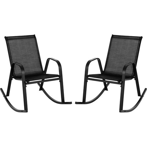 Lot de 2 fauteuils à bascule de jardin noirs en métal avec assise respirante et dossier incurvé pour terrasse, porche et piscine (1/5)