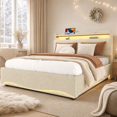 Letto contenitore 140x200 cm in tessuto lino beige, senza materasso (1/5)