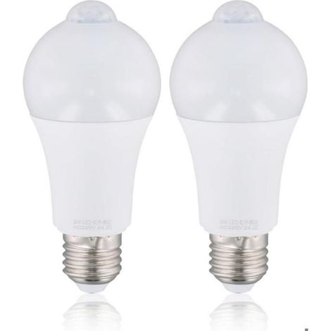 2 Ampoules LED E27 9W Detecteur de Mouvement PIR, 220V, Lumière Blanche, Détection 120°, Allumage Automatique Nuit (1/5)