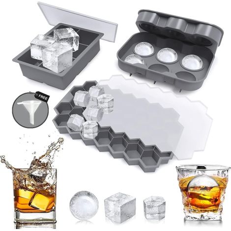 Lot de 3 Bacs à glaçons, Silicone sans BPA, Formes sphériques cubiques hexagonales, Couvercles amovibles, Pour whisky boissons cuisine (1/5)