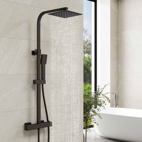 Columna de Ducha Termostática Ducha Casa negro mate alcachofa cuadrada y ducha superior grande (1/5)