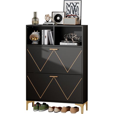 Meuble à chaussures noir avec 4 portes rabattables et 8 compartiments de rangement en MDF, 80x25x117 cm (1/5)