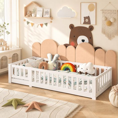 Lit enfant montessori 80x160 cm au sol, barrière antichute, sommier à lattes en pin massif, blanc, pour chambre enfant