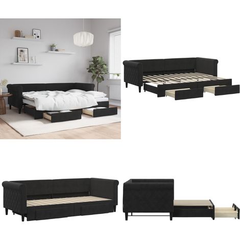 Tagesbett Ausziehbar mit Schubladen Schwarz 80x200 cm Samt - Sofa - Schlafcouch - Gästebett - Tagesbett - Wohnzimmermöbel - Home & Living