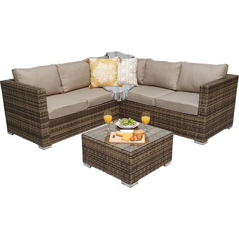 Signature Weave Georgia Wicker Compact Corner Sofa Seat Coffee Table Set Brown