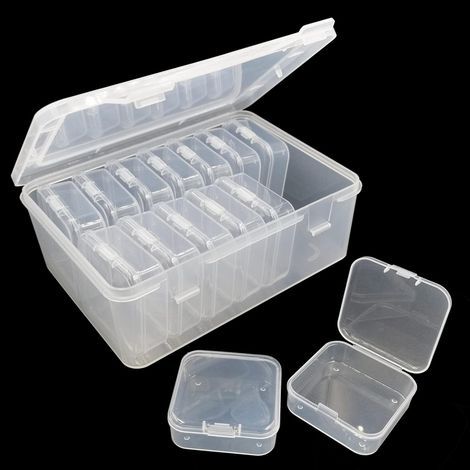 14 Pieces Small Storage Box with Lid, Clear Plastic Box and 1 Large Rectangular Plastic Storage Box for Beads, Jewelry, Small Items, Classification