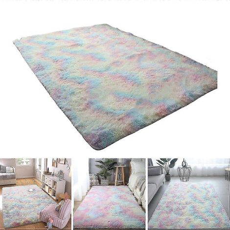 Tapis de sol en peluche arc-en-ciel doux pour la décoration intérieure - Tapis de salon coloré (1/5)