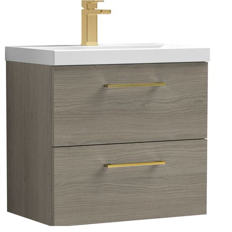 Balterley 600mm Wall Hung Bathroom 2 Drawer Vanity Unit and 1 Tap Hole Ceramic Basin, Woodgrain Mid Oak with Brushed Brass Handles
