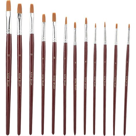 12 Pinceaux à poils synthétiques Rouge Vin, Set de Peinture Art Dessin Nylon Plats (1/5)
