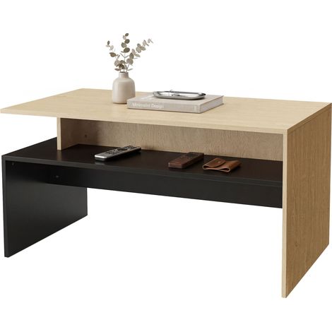 Zweifarbiger Couchtisch mit versetzten Ebenen und Ablagefach, 95 x 55 x 50 cm, naturschwarzes Holz