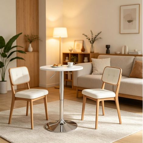 Tavolo da bar rotondo regolabile 60 cm, altezza 68-88 cm, MDF e metallo, bianco DESVIAE (1/4)