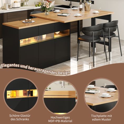 Table bar extensible avec éclairage LED et rotation 360°, longueur réglable 120-180cm, îlot de cuisine moderne avec rangement, pour salon, salle à manger, bureau à domicile (1/5)