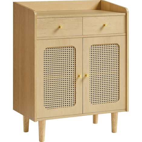 Buffet, Meuble de Rangement, Placard avec Portes et Tiroirs en Rotin, Étagère Réglable, Style Bohème, pour Salle à Manger, Salon, Beige Chêne
