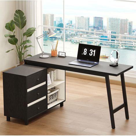 Escritorio esquinero en L 150 x 100 x 76 cm con 3 cajones, 2 nichos abiertos, negro y blanco HAVRYA (1/5)