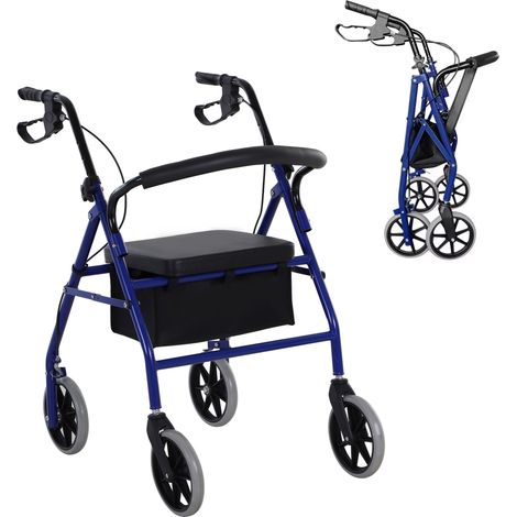 Déambulateur pliable pour adultes, siège de rangement et freins 65x53x79-89 cm bleu et noir