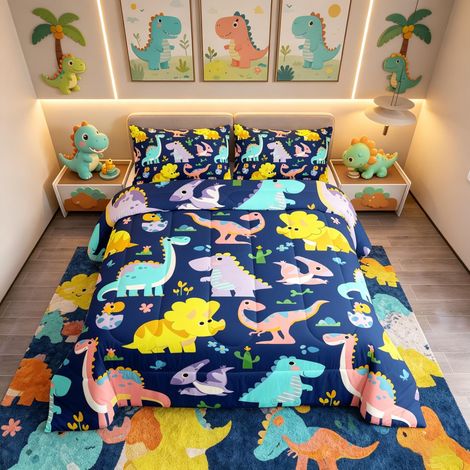 Parure de lit avec housse de couette matelassée et motif dinosaure pour enfants - Taille simple (1/4)