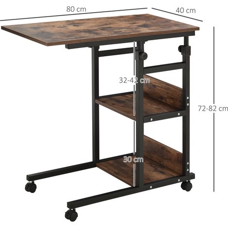 Table roulante avec roulettes, table basse réglable en hauteur 80x40x72-82 cm, noire, métal, 2 étagères pour salon et bureau à domicile (1/5)