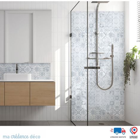 Panneau de douche : Carrelage et arabesque - Couleur Bleu pigeon - Alu composite - 90 - 245 (1/3)