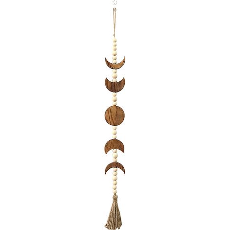 Decoración de pared con fases lunares, cuentas de madera y flecos – Decoración rústica bohemia para sala de estar, dormitorio u oficina – Tamaño 75 x 7 cm – Natural (1/5)