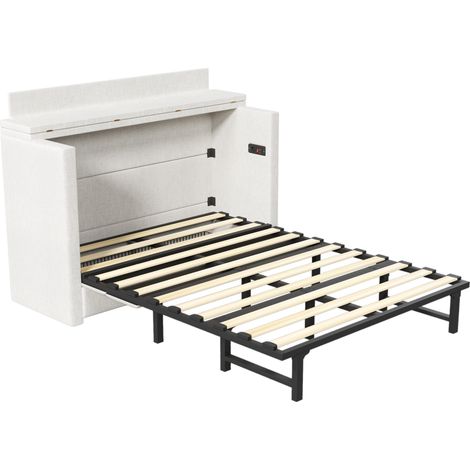Lit armoire convertible 140 x 200 avec tiroir USB et USB-C en lin beige HOMVRA (1/5)