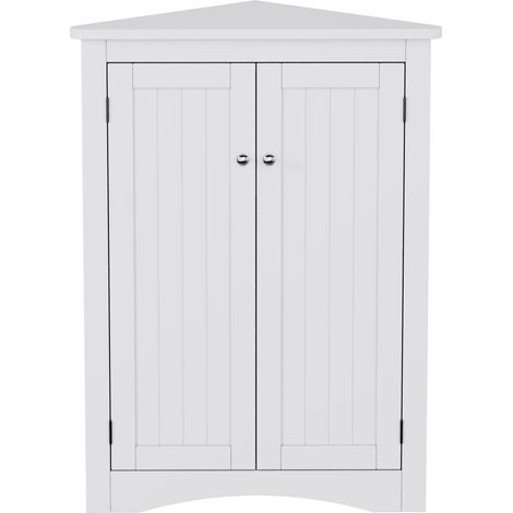 Armoire d'angle blanche pour salle de bain avec 2 portes et 3 niveaux en MDF laqué, 61,5 x 80 cm (1/5)