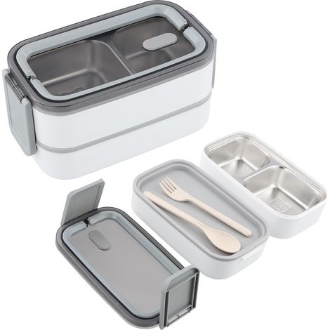 Boîte à Lunch Bento,2 Étages avec Compartiments,Sans BPA, Boîte à Pain pour Adulte,Boîte à Lunch en Acier Inoxydable 304 Respectueuse de l'Environnement,Étanche,Convient au Micro-ondes-Blanc (1/5)