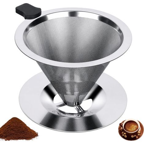 Filtre à café réutilisable en acier inoxydable 304, double filtre 800 mesh, Filtre manuel avec poignée, portable pour la maison, le bureau et les voyages (1/5)