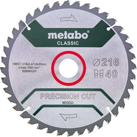 Metabo Precision Circular Saw Blade 216 x 30 x 1.8 mm, 40 Teeth, Suitable for Wood Cutting, Model 628060000